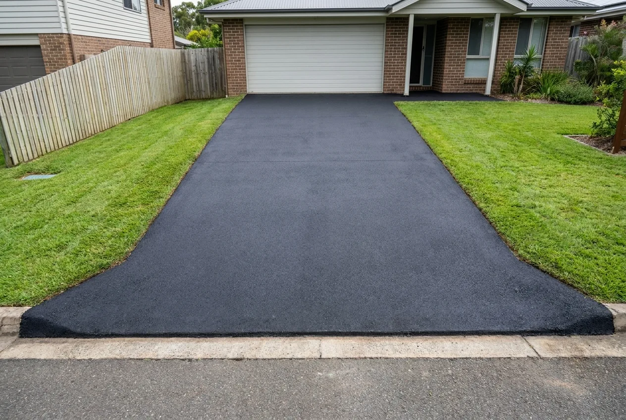 The same driveway on day two: finished jet black asphalt with clean edges