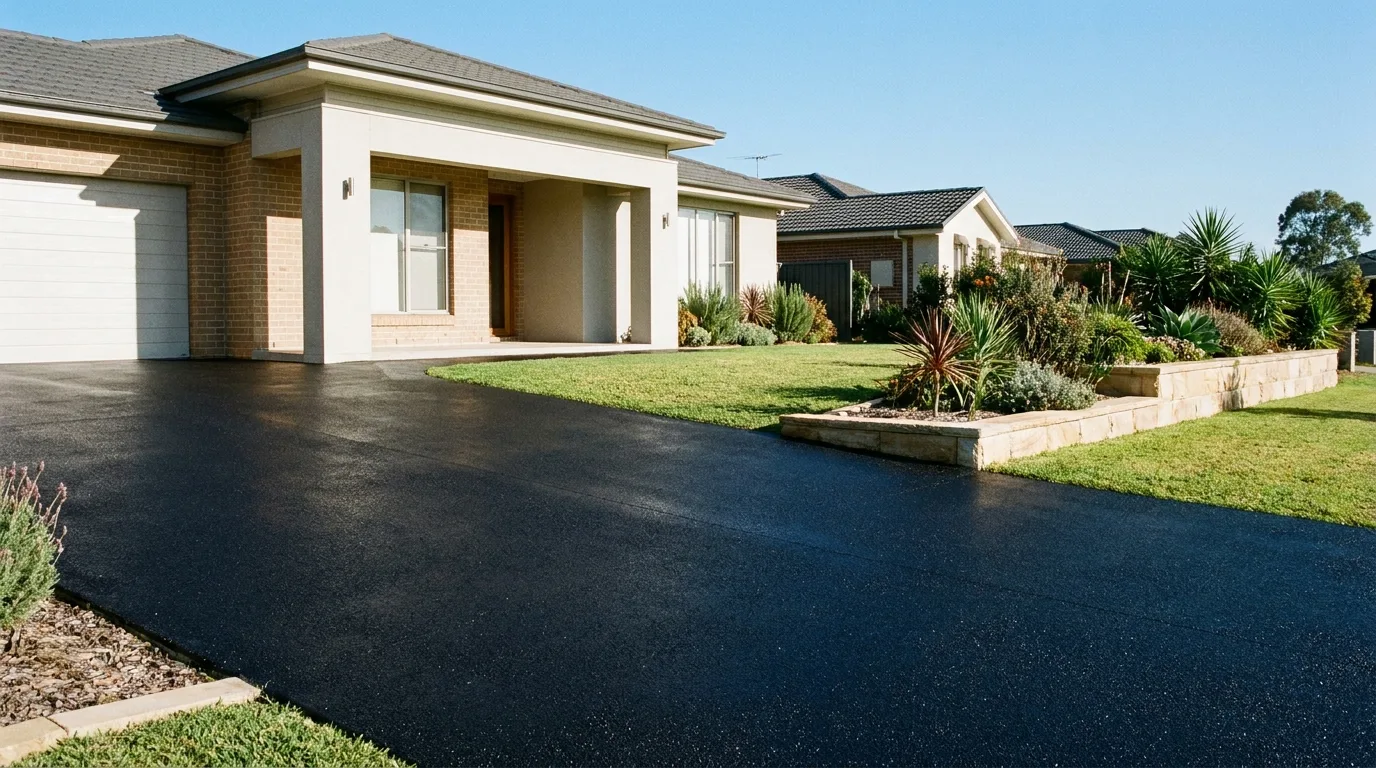 Completed jet black asphalt driveway sweeping to a modern Australian home