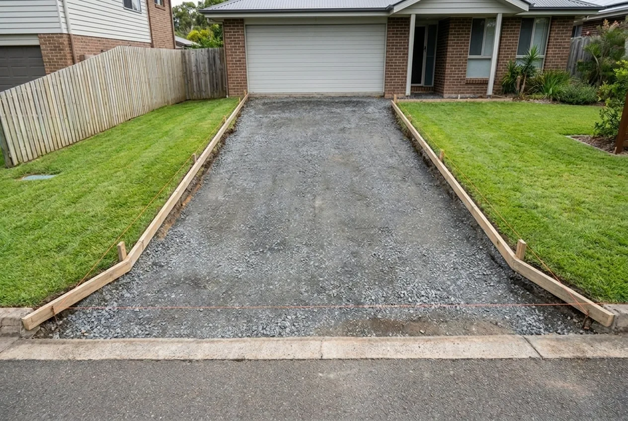 Driveway on day one: excavated and compacted roadbase with timber formwork and string lines
