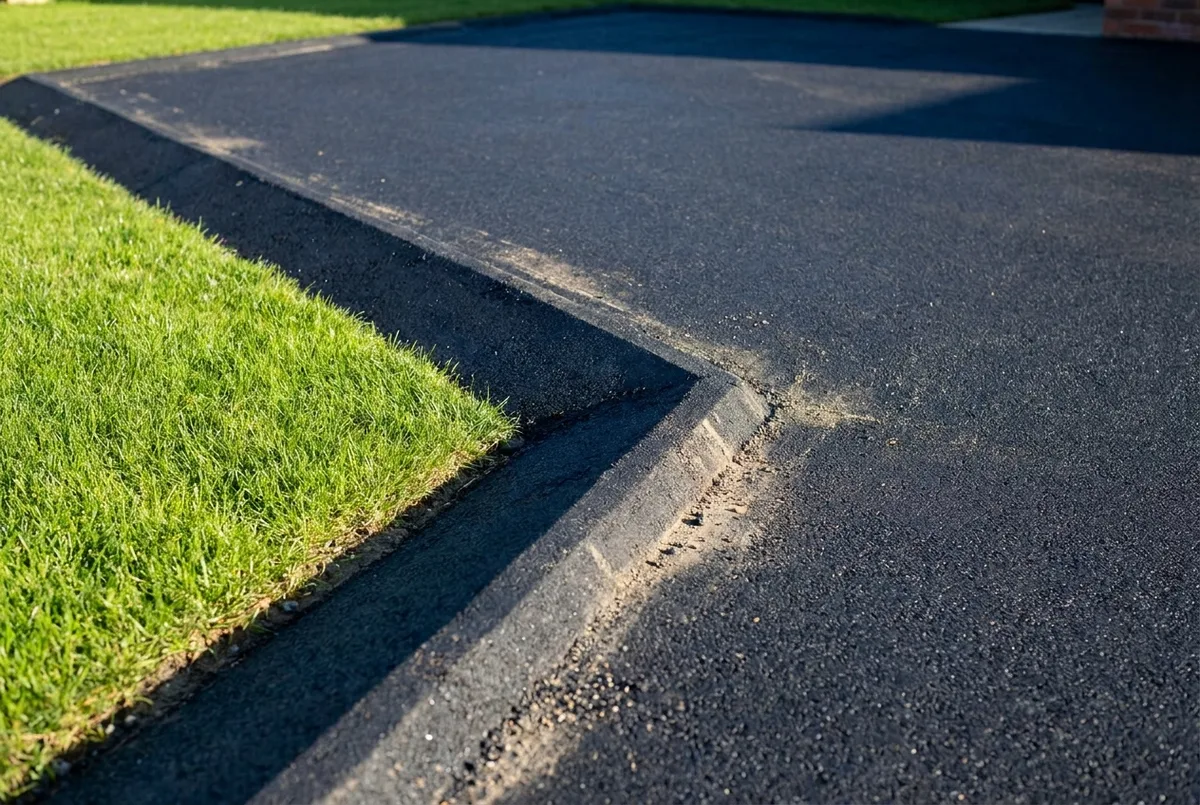 Crisp compacted asphalt edge against fresh lawn