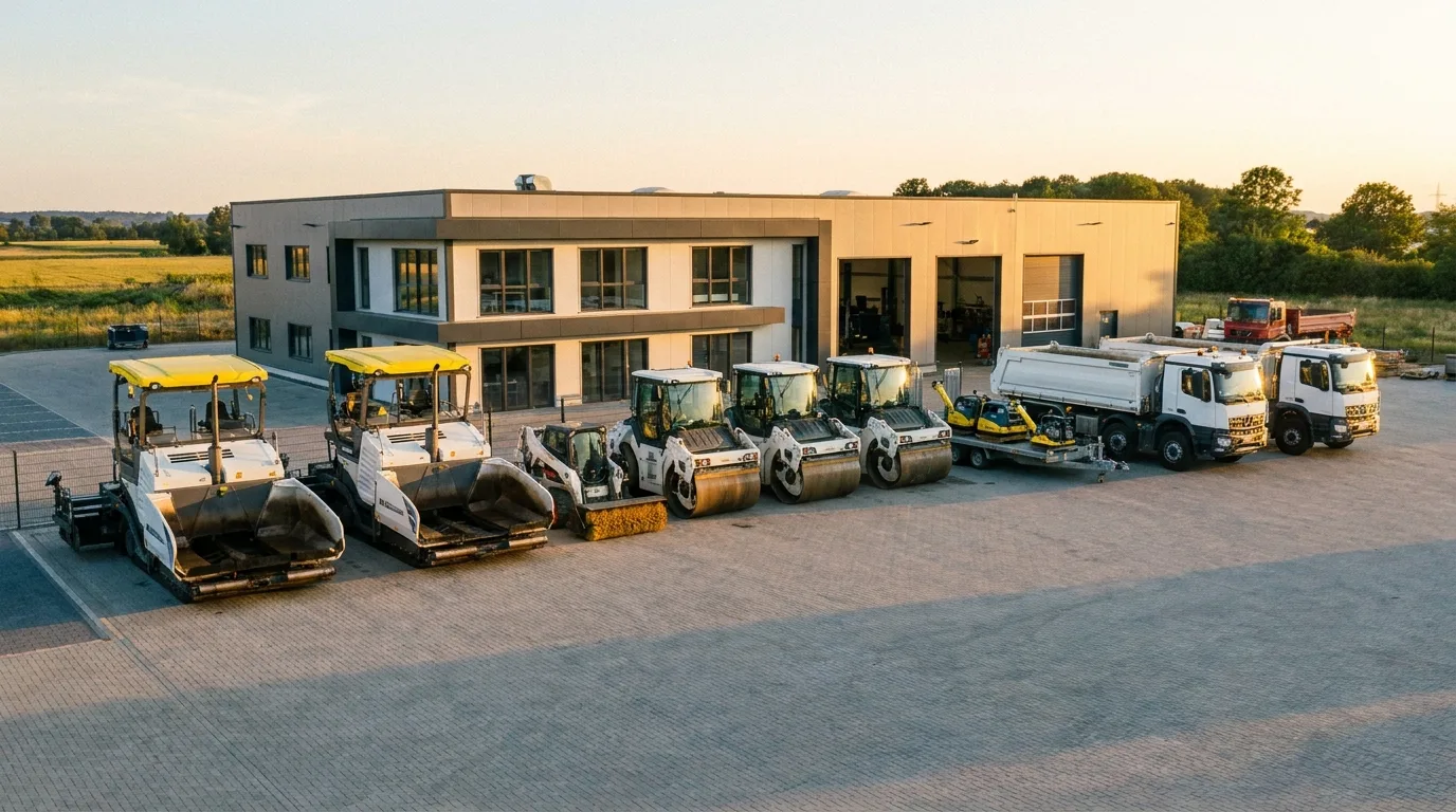 Modern fleet of asphalt pavers, rollers and tipper trucks lined up at the depot
