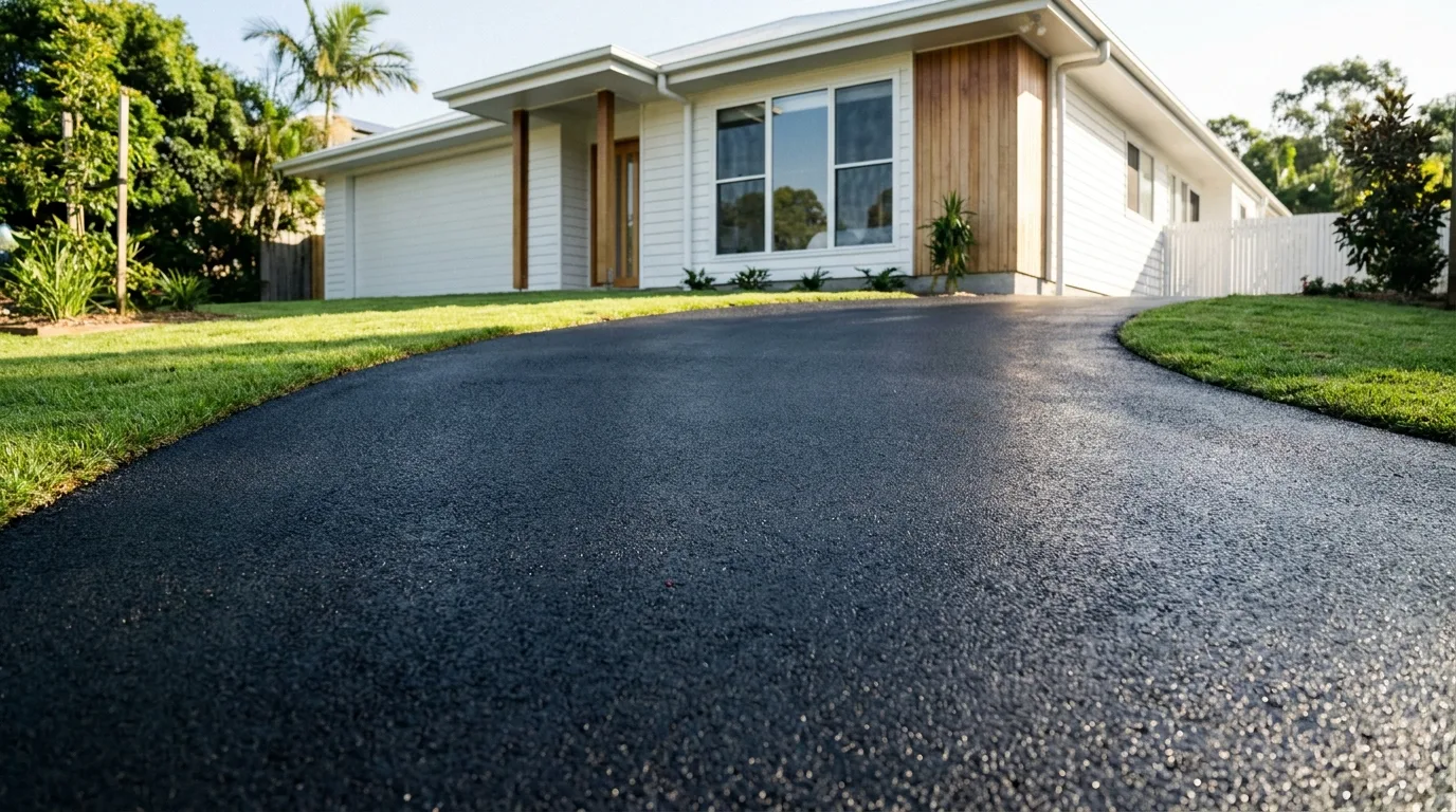 New curved asphalt driveway rising to a modern Queensland home