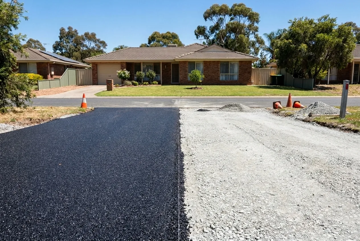Driveway install in progress, fresh asphalt meeting compacted roadbase