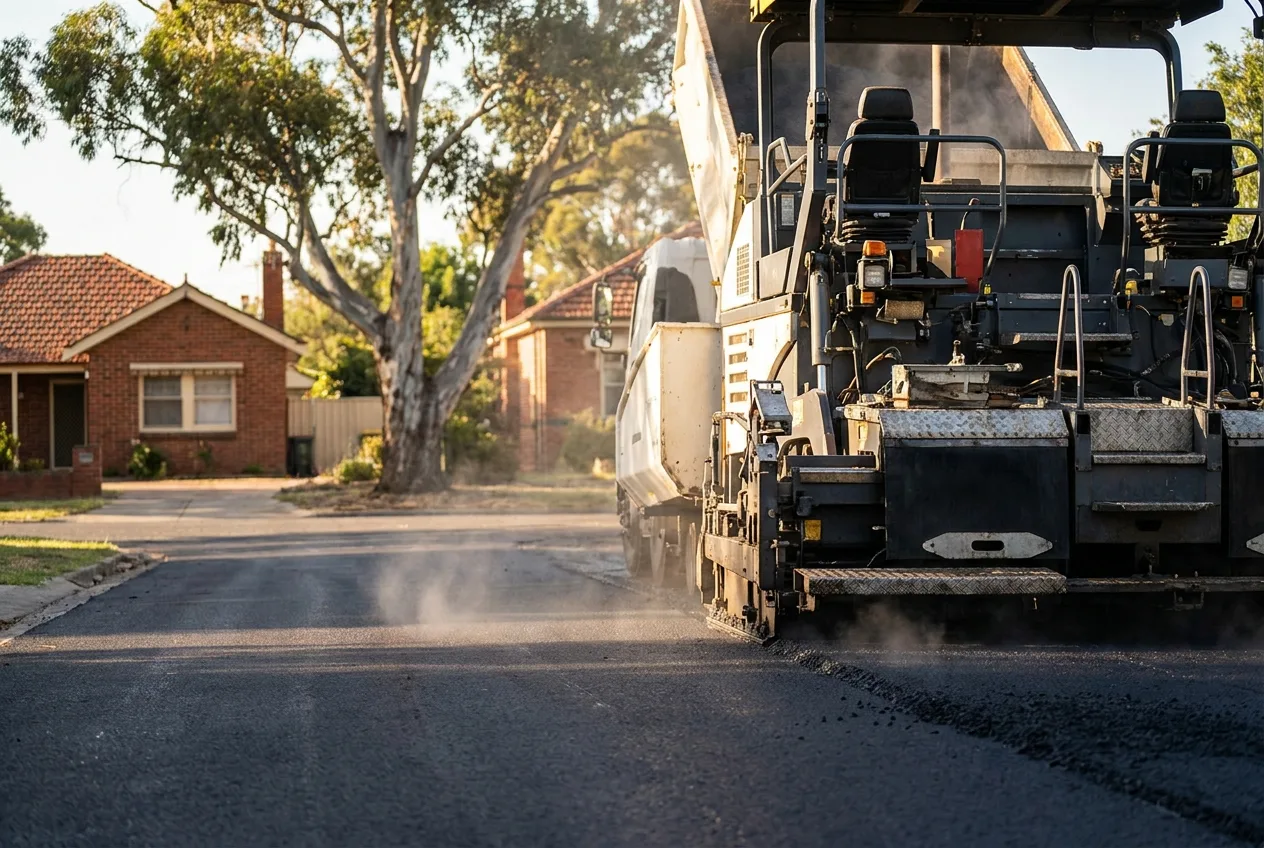 Paver laying steaming hot asphalt on a residential street