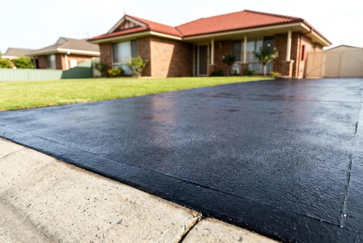Freshly resurfaced jet black asphalt driveway