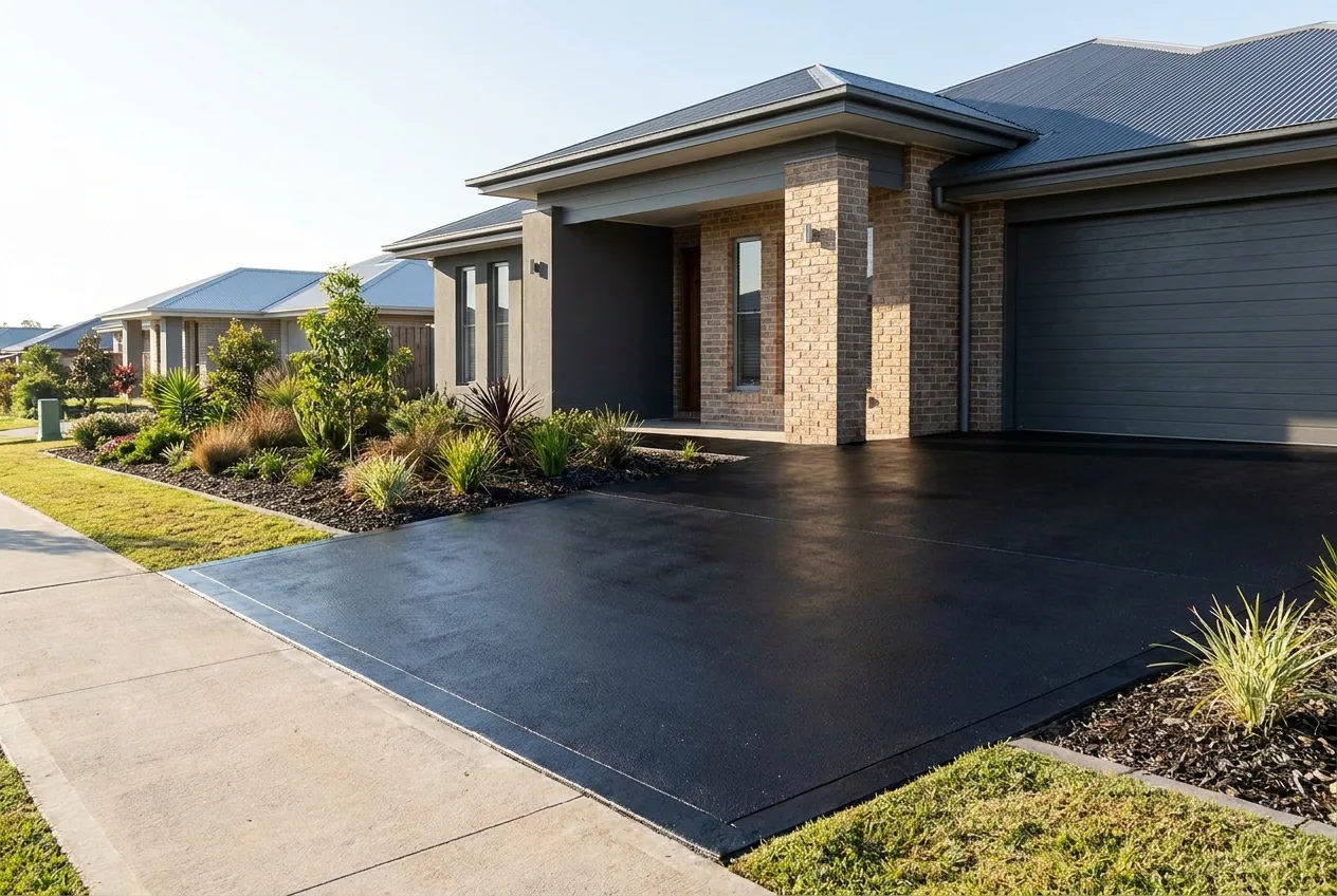 Brand new wide asphalt double driveway at a brick Queensland home