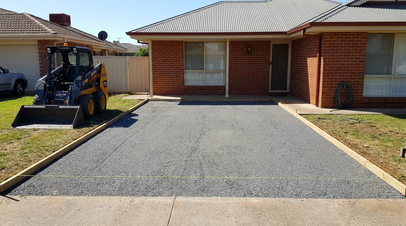 Compacted roadbase pad prepared for a new driveway with skid steer on site