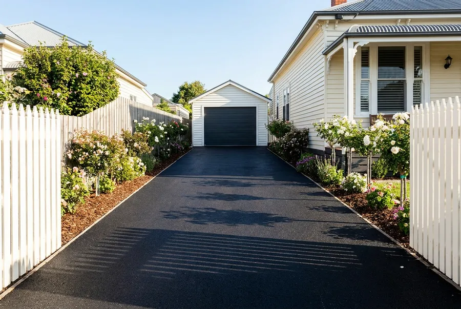 New asphalt driveway at a weatherboard cottage with picket fence