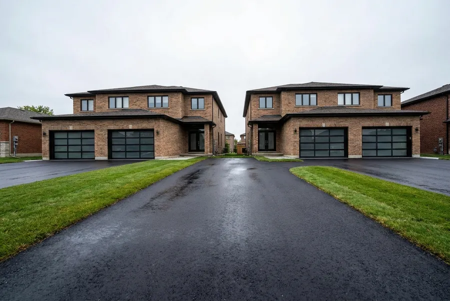 Wide new asphalt driveway shared between a brick duplex