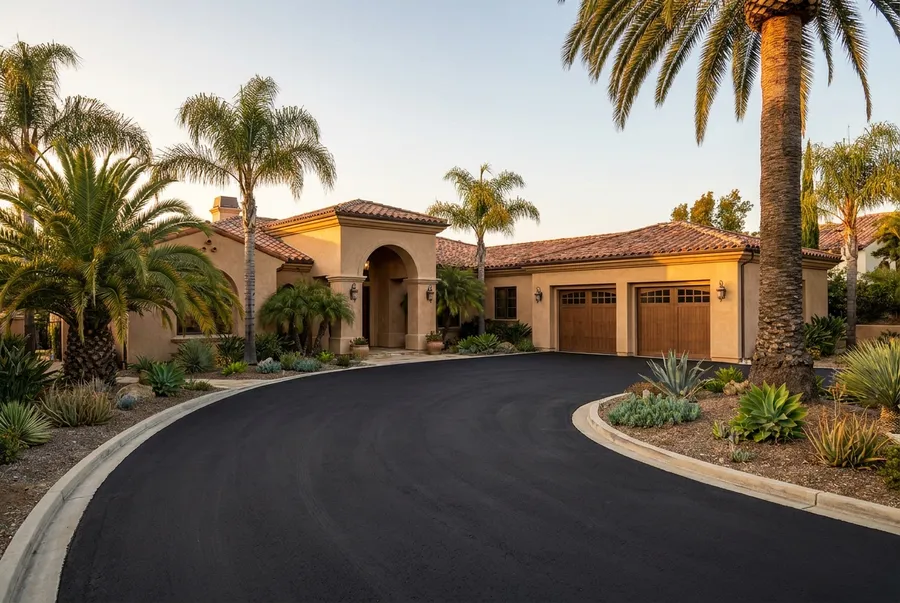New asphalt driveway curving to a rendered Mediterranean style home