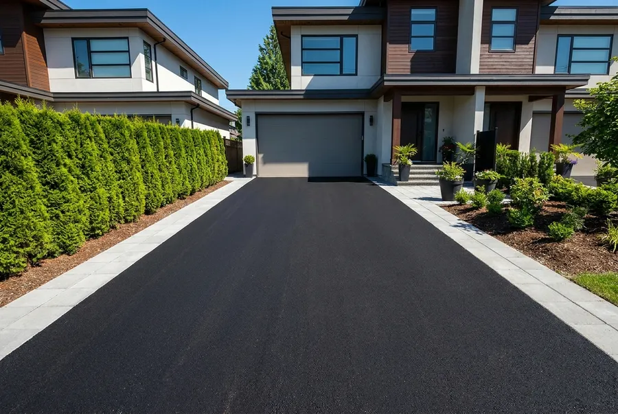 New asphalt driveway with concrete border at a townhouse